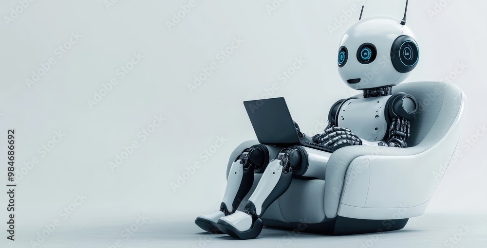3D Robot Sitting on Armchair with Laptop and Chat Bubbles, Minimalistic Design for Technology Concept 3D Robot Sitting on Armchair with Laptop and Chat Bubbles, Minimalistic Design for Technology Concept