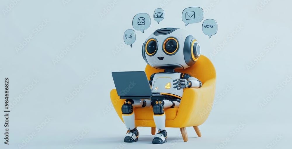 3D Robot Sitting on Armchair with Laptop and Chat Bubbles, Minimalistic Design for Technology Concept 3D Robot Sitting on Armchair with Laptop and Chat Bubbles, Minimalistic Design for Technology Concept