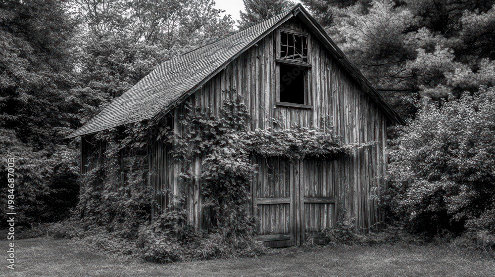 Obraz premium A weathered barn overgrown with vines in a forested area, evoking a sense of decay and nature.