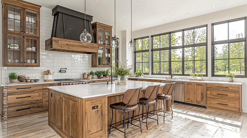 Fototapeta premium Modern Farmhouse Kitchen Island with Rustic Wood Cabinets and Bar Stools