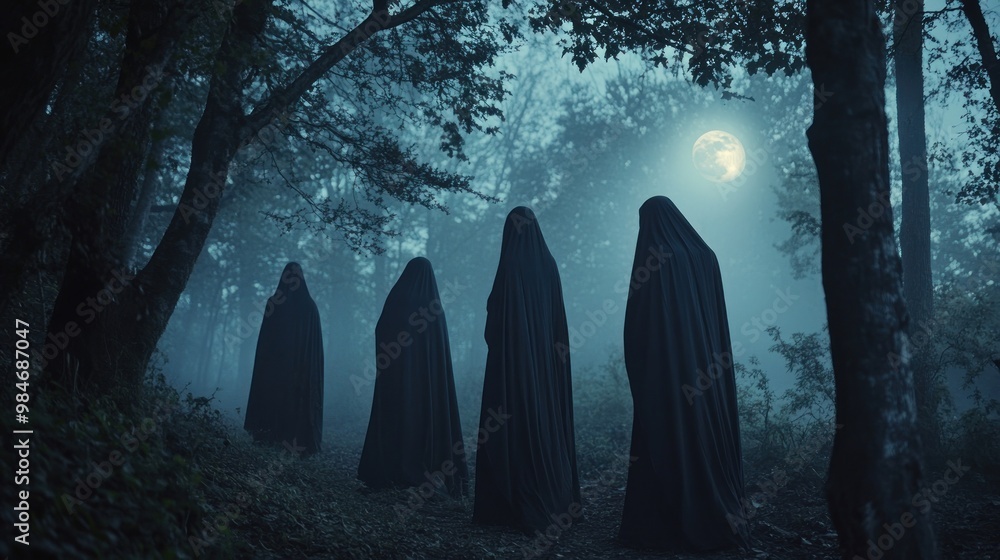 Cloaked figures in a misty forest under a full moon create a mysterious, eerie atmosphere. Cloaked figures in a misty forest under a full moon create a mysterious, eerie atmosphere.