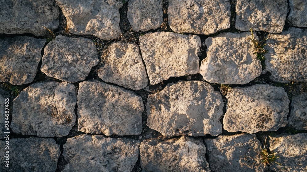 A textured stone wall made of irregularly shaped blocks. A textured stone wall made of irregularly shaped blocks.