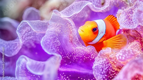 A vibrant clownfish nestled among colorful sea anemone in a coral reef. photo