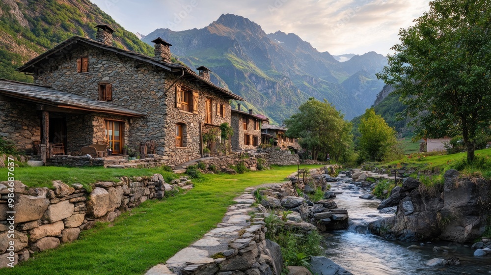 Scenic stone houses by a stream with mountains in the background at sunset. Scenic stone houses by a stream with mountains in the background at sunset.