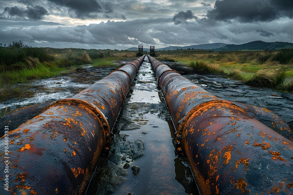 Rusty Pipes Leading to the Horizon Under Dramatic Skies Rusty Pipes Leading to the Horizon Under Dramatic Skies
