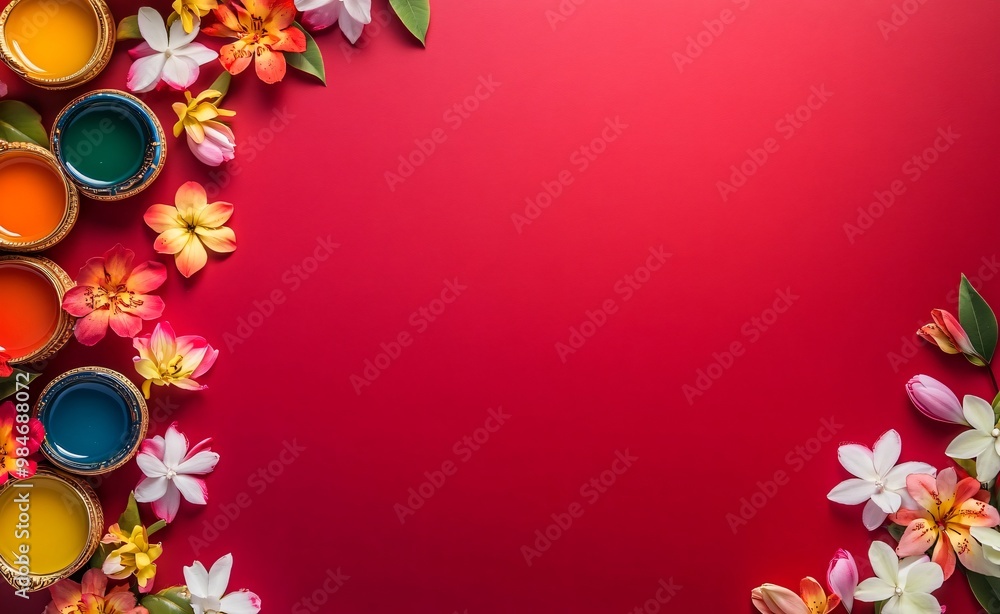 Colorful Flowers and Diya Lamps on Red Background for Festive Celebration Colorful Flowers and Diya Lamps on Red Background for Festive Celebration