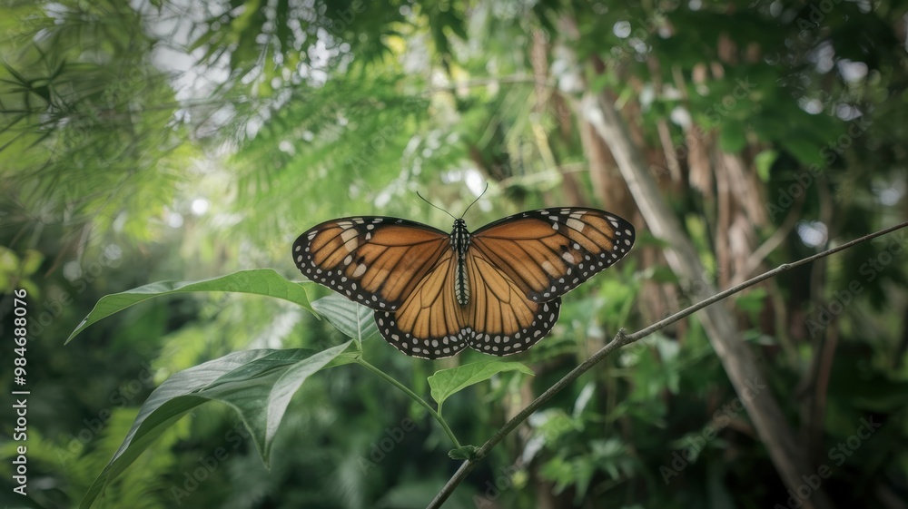 Monarch Butterfly Resting on Leaf in a Lush Green Environment