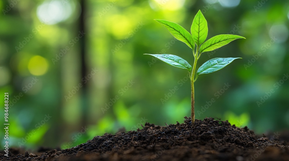 A Tiny Sapling Emerging from Rich Soil with a Blurred Green Forest Background A Tiny Sapling Emerging from Rich Soil with a Blurred Green Forest Background