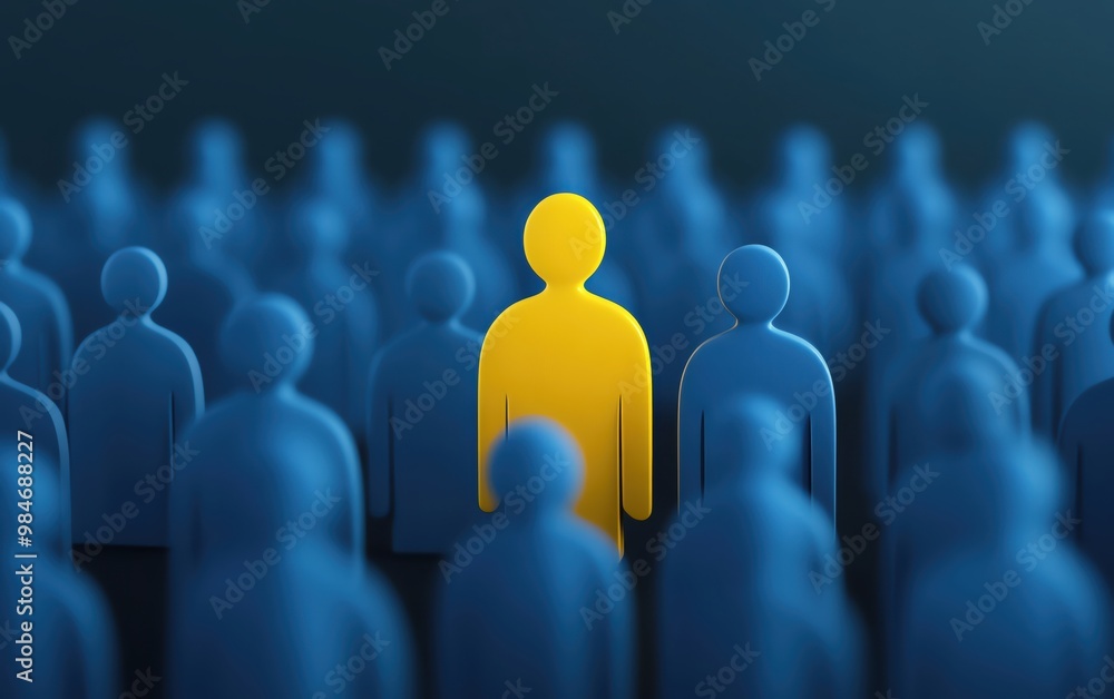 A unique yellow figure stands out among a crowd of blue silhouettes, symbolizing individuality and distinctiveness. A unique yellow figure stands out among a crowd of blue silhouettes, symbolizing individuality and distinctiveness.