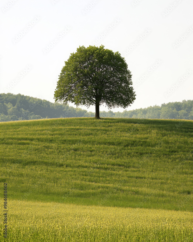 A solitary tree stands atop a green hill, surrounded by vibrant grass fields during a sunny afternoon A solitary tree stands atop a green hill, surrounded by vibrant grass fields during a sunny afternoon