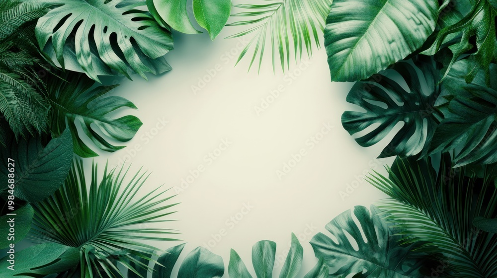 A lush arrangement of tropical leaves framing a blank space for design or text. A lush arrangement of tropical leaves framing a blank space for design or text.