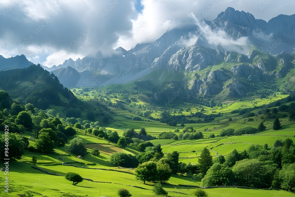 Fototapeta premium Breathtaking Mountain Landscape with Lush Green Valleys and Dramatic Clouds