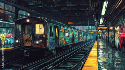 Wallpaper Mural A subway station with graffiti on the walls and a train on the tracks in the foreground, and another train on the other side of the platform in the background. Subway Station. Illustration Torontodigital.ca