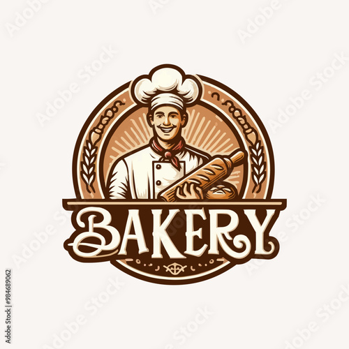 bakery logo design. Chef with wheat and bread concept in vintage style.