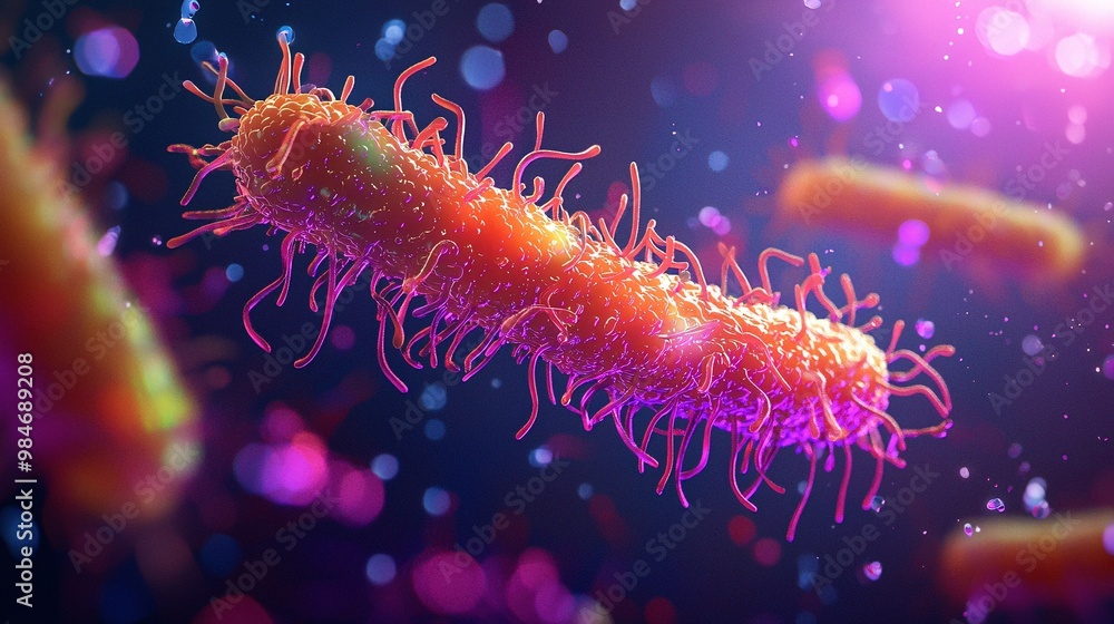 Microscopic Bacteria with Flagella, 3D Render Microscopic Bacteria with Flagella, 3D Render