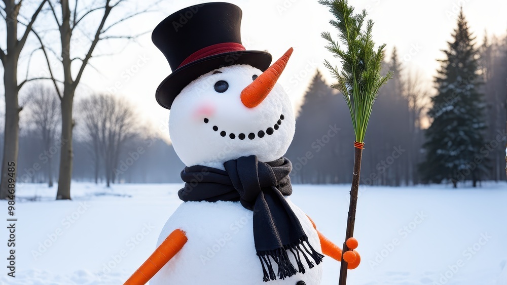 Obraz premium A cheerful snowman stands in a snowy landscape, adorned with a top hat, scarf, and a sprig of greenery.