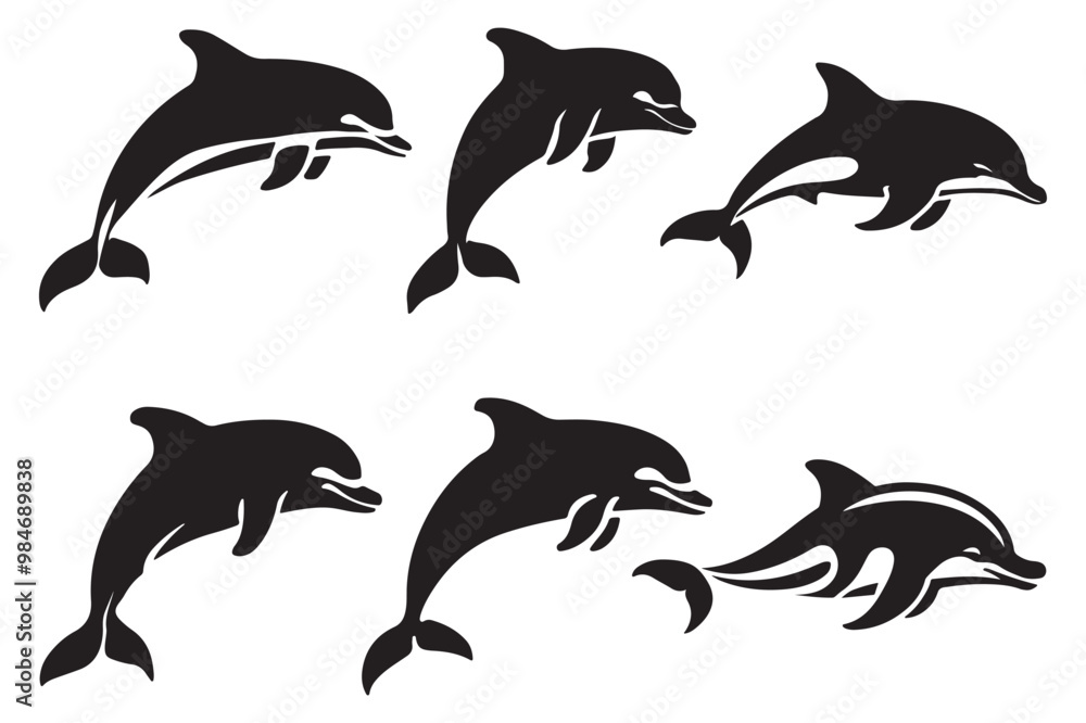 Naklejka premium Six Dolphin Silhouette Vector Set Dynamic Poses Marine Animal Tattoo Design