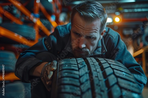 Mechanic Inspecting Tire in Workshop