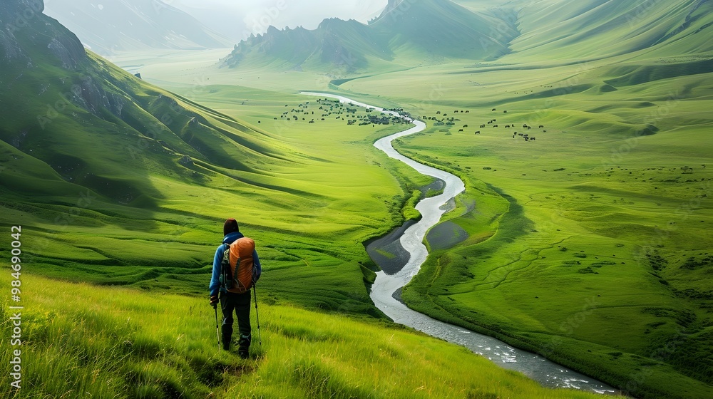 Fototapeta premium Hiker Exploring Lush Green Valley with Winding River and Distant Wildlife in Scenic Hiking Concept