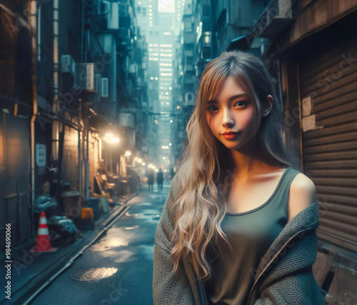 退廃的な近未来の都会の裏通りに佇む美少女