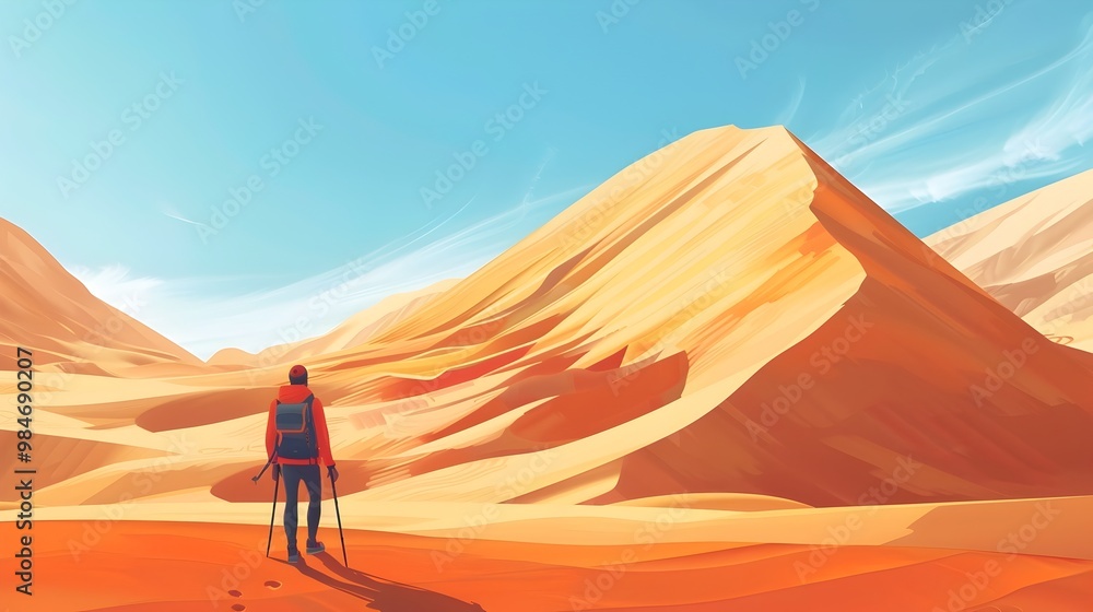 Obraz premium Desert Trekker Journeying Through Expansive Sand Dunes Landscape Under Clear Blue Sky