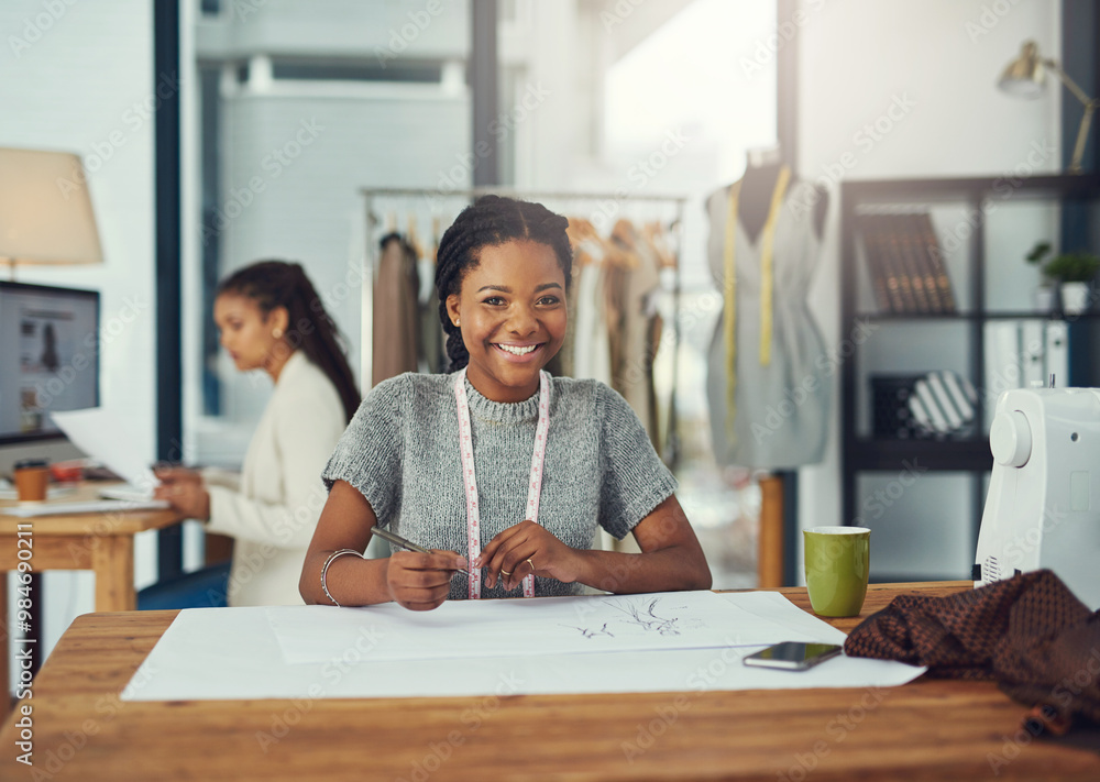 Fashion design, office and portrait of woman with paperwork for clothing, draft and production. Creative, employee and smile with tape measure by sketch for startup, manufacturing and tailor in Kenya Fashion design, office and portrait of woman with paperwork for clothing, draft and production. Creative, employee and smile with tape measure by sketch for startup, manufacturing and tailor in Kenya