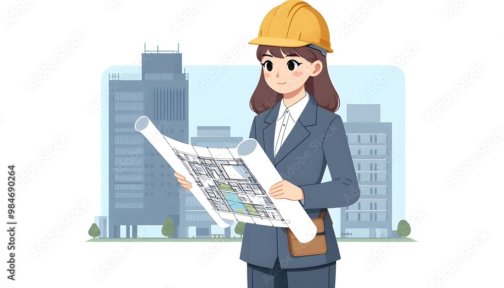female engineer wearing a hard hat and reviewing site plans. Female engineer wearing a hard hat and reviewing site plans isolated on white background flat design illustration female engineer wearing a hard hat and reviewing site plans. Female engineer wearing a hard hat and reviewing site plans isolated on white background flat design illustration