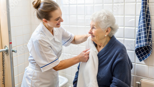 Nurse assisting elderly woman with care and comfort in modern bathroom setting