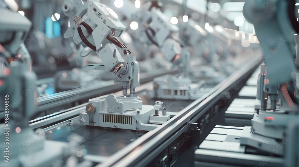 Automated Factory Assembly Line with Robotic Arms Efficiently Assembling Electronic Devices Automated Factory Assembly Line with Robotic Arms Efficiently Assembling Electronic Devices