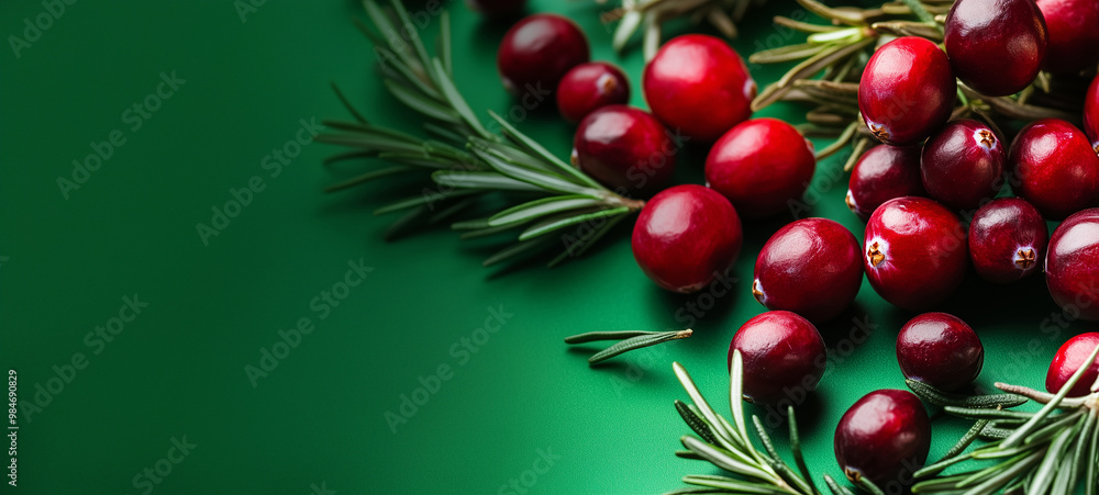 Cranberries and rosemary on a green background Cranberries and rosemary on a green background