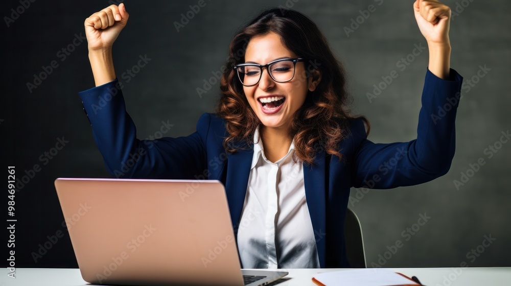 A jubilant middle-aged businesswoman celebrating a successful project with a high-five, her laptop screen displaying congratulatory messages A jubilant middle-aged businesswoman celebrating a successful project with a high-five, her laptop screen displaying congratulatory messages