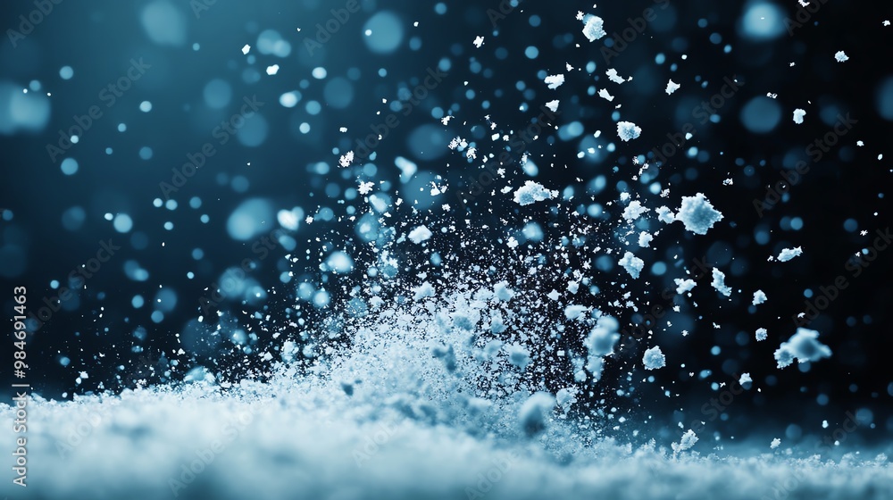 Obraz premium Close-up of snowflakes exploding into the air, creating a magical winter scene with sparkling particles against a dark background.