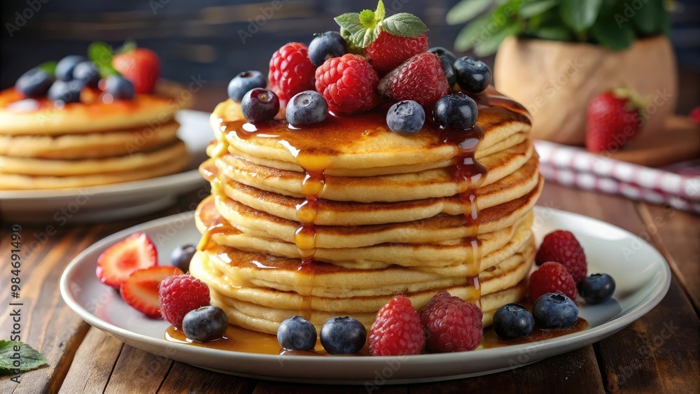 Delicious homemade pancakes stack dripping with syrup and topped with fruit Delicious homemade pancakes stack dripping with syrup and topped with fruit