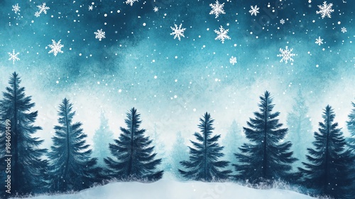 A serene winter landscape featuring snow-covered trees under a starry night sky, creating a tranquil and magical atmosphere.