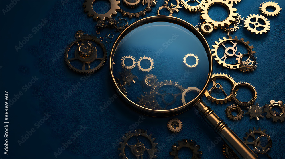Magnifying glass with gears, copy space Magnifying glass with gears, copy space