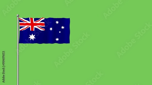 Animation of Australia waving flag on flag pole on green screen.