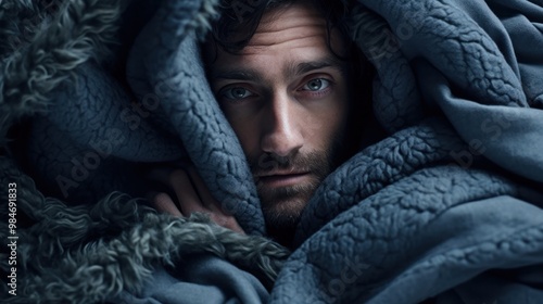 A man with a fever and chills, shivering under a pile of blankets, his face contorted in discomfort. photo