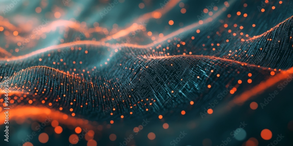 A vibrant digital background featuring dynamic data waves in a virtual landscape, symbolizing technology, AI, and audio. Perfect for modern graphics highlighting innovation and interaction A vibrant digital background featuring dynamic data waves in a virtual landscape, symbolizing technology, AI, and audio. Perfect for modern graphics highlighting innovation and interaction