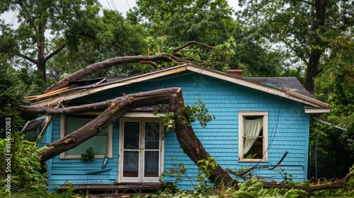 tree fallen on the roof of a house AFTER ITS FALL