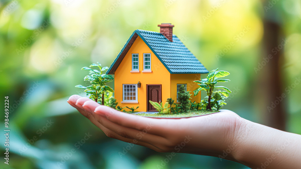 Hand Holding House Model Symbolizing Comfort, Stability, and Security in Homeownership Hand Holding House Model Symbolizing Comfort, Stability, and Security in Homeownership