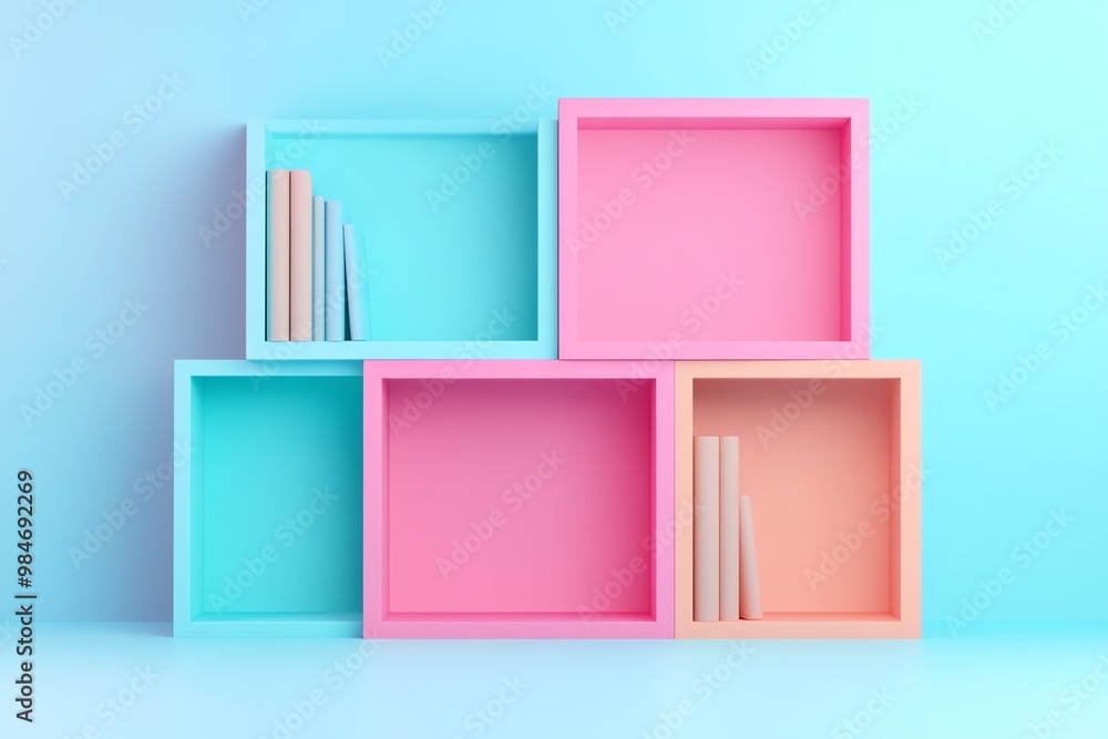 Colorful shelves in pastel shades arranged artfully, showcasing stylish books for a modern decor, perfect for any trendy space. Colorful shelves in pastel shades arranged artfully, showcasing stylish books for a modern decor, perfect for any trendy space.