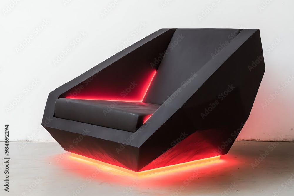 Stylish geometric chair with sleek design and glowing red accents, perfect for modern interior decor. Stylish geometric chair with sleek design and glowing red accents, perfect for modern interior decor.
