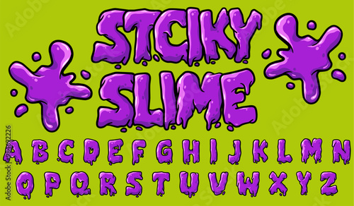 Purple melted alphabet font, lettering graffiti slime green background vector illustration.