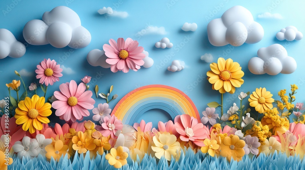 Frame decorated with clouds and rainbows and flowers, A stunning quilling style depiction of a cloud adorned with a vibrant rainbow Frame decorated with clouds and rainbows and flowers, A stunning quilling style depiction of a cloud adorned with a vibrant rainbow