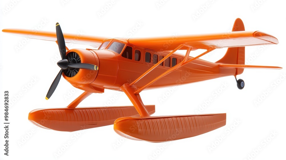 Vibrant orange floatplane model, ideal for aviation enthusiasts and collectors, showcasing intricate design and fine details, white background Vibrant orange floatplane model, ideal for aviation enthusiasts and collectors, showcasing intricate design and fine details, white background