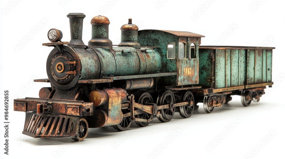 Fototapeta premium Vintage steam locomotive model showcasing intricate details and unique weathered textures, perfect for history enthusiasts and collectors, white background