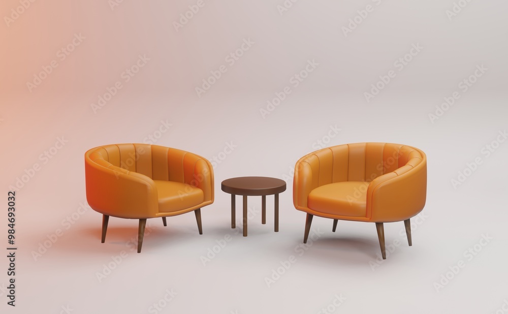 3D Render of Orange Sofa Chairs with small stool 3D Render of Orange Sofa Chairs with small stool