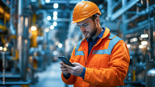 Professional Engineer in Hard Hat Checking Grain Silos with Mobile Phone