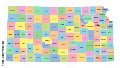 Kansas, U.S. state, subdivided into 105 counties, multi colored political map with capital Topeka, borders and county names. State in the Midwestern region of the United States. The Sunflower State.