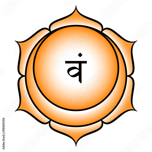 Sacral chakra Svadhisthana, where your being is established. Second chakra located barely below the belly button. Orange lotus with 6 petals, a crescent, and seed syllable Vam for the tattva water.